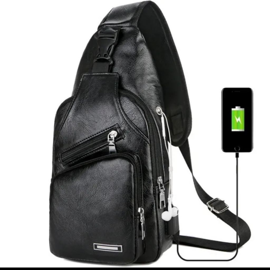 Men's Black Sling Bag With Usb Charging Port